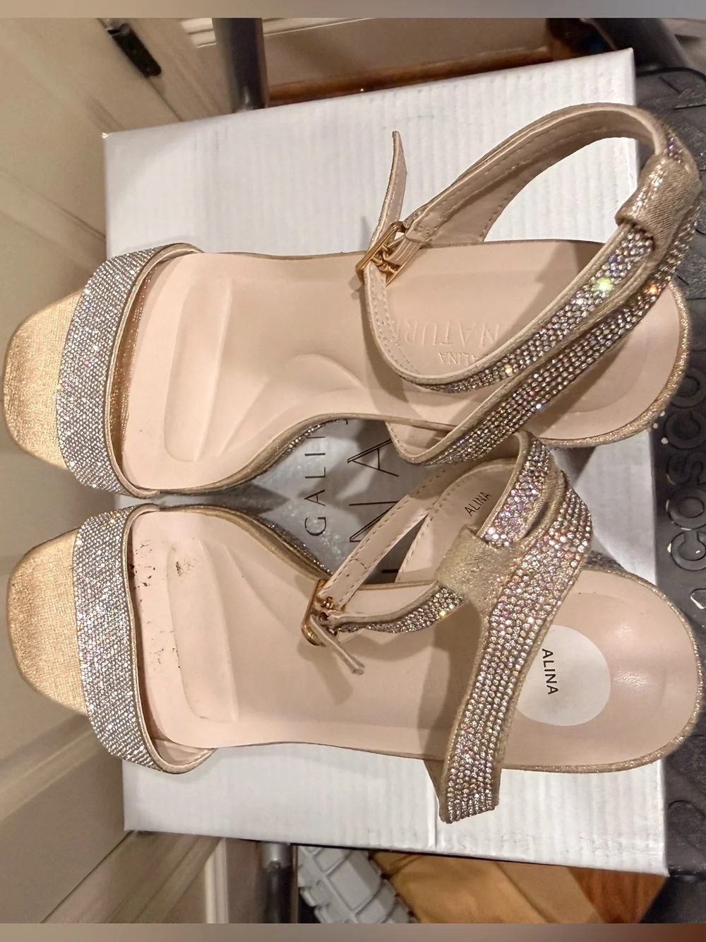 Galina Signature Champagne Rhinestone Platform Block Heels